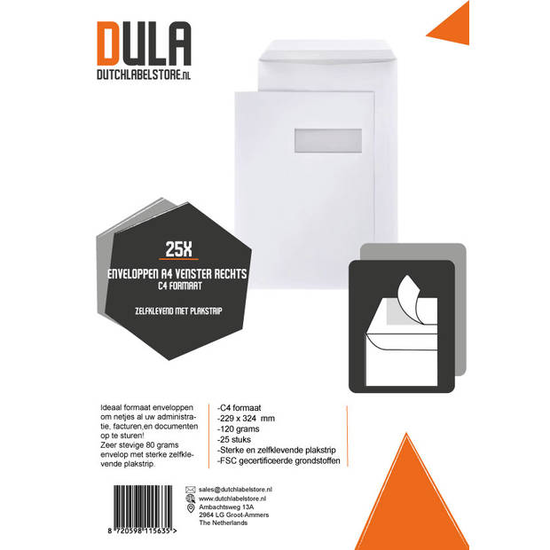 DULA - C4 Enveloppen A4 formaat wit - Venster rechts - 229 x 324 mm - 25 stuks - Zelfklevend met plakstrip - 120 Gram