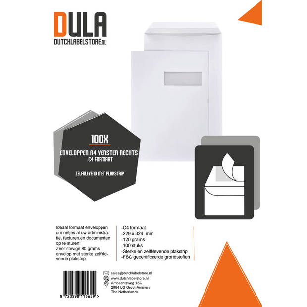 DULA - C4 Enveloppen A4 formaat wit - Venster rechts - 229 x 324 mm - 100 stuks - Zelfklevend met plakstrip - 120 Gram