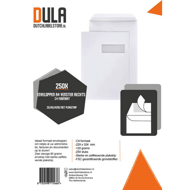DULA - C4 Enveloppen A4 formaat wit - Venster rechts - 229 x 324 mm - 250 stuks - Zelfklevend met plakstrip - 120 Gram