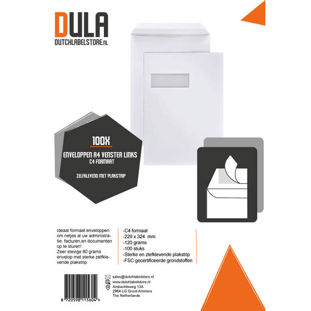 DULA - C4 Enveloppen A4 formaat wit - Venster links - 229 x 324 mm - 100 stuks - Zelfklevend met plakstrip - 120 Gram