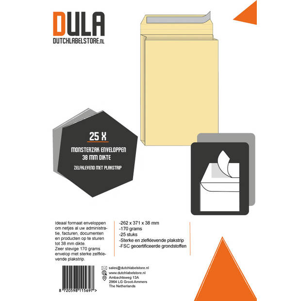 DULA Monsterzak Enveloppen - EB4 - 262 x 371 x 38mm - Geel - 25 stuks - Zelfklevend met plakstrip - 170gram
