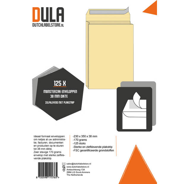 DULA Monsterzak Enveloppen - A4+ - 230 x 350 x 38 mm - Geel - 125 stuks - Zelfklevend met plakstrip - 170 Gram