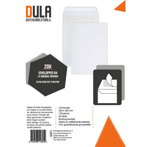 DULA - Bordrug Enveloppen - C4 - 229 x 324 mm - 20 stuks- Zelfklevend met plakstrip - 120 Gram