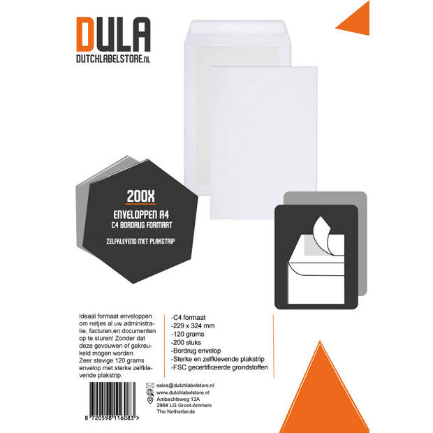 DULA - Bordrug Enveloppen - C4 - 229 x 324 mm - 200 stuks- Zelfklevend met plakstrip - 120 Gram