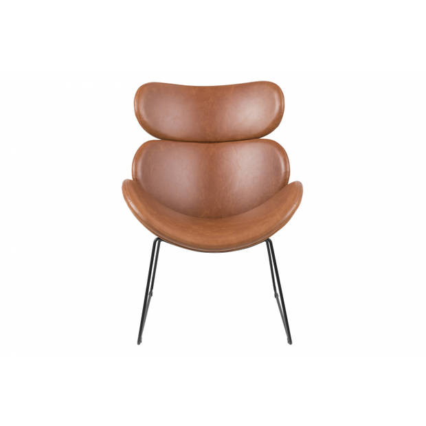 Cazy fauteuil in cognac kunstleder en zwart metalen onderstel.