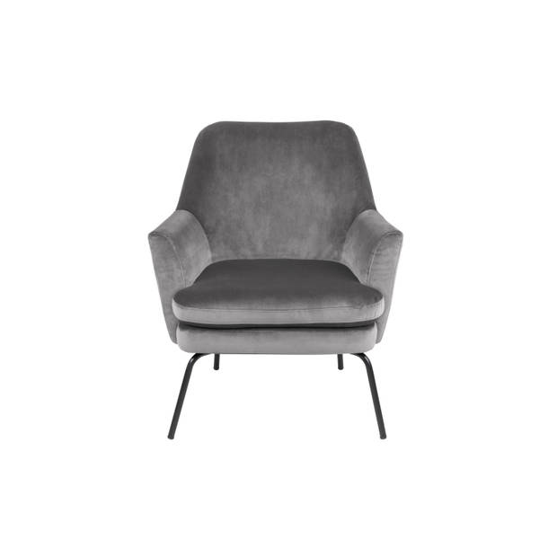 Chicca fauteuil in grijze stof en zwart metalen onderstel.