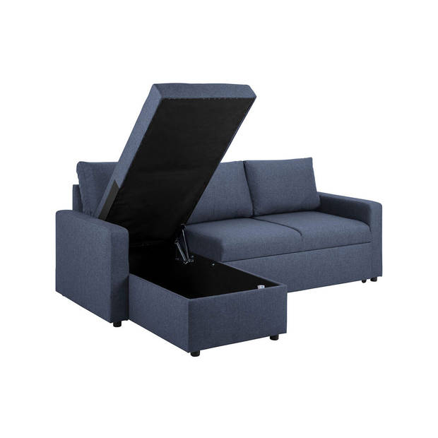 Sander slaapbank met chaise longue, opbergruimte en uittrek blauw.