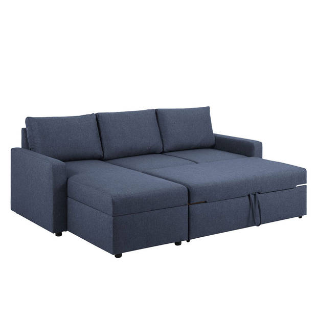 Sander slaapbank met chaise longue, opbergruimte en uittrek blauw.