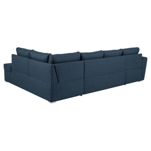 Stan slaapbank, hoek rechts met chaise longue links, in blauw.