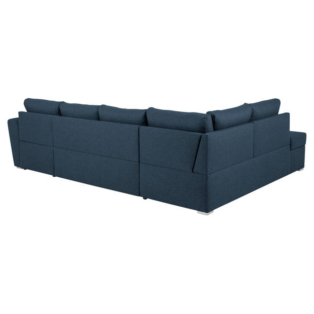 Stan slaapbank, hoek links met chaise longue rechts, in blauw.