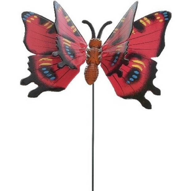 2x stuks Metalen deco vlinders rood en groen van 11 x 70 cm op tuinstekers - Tuinbeelden