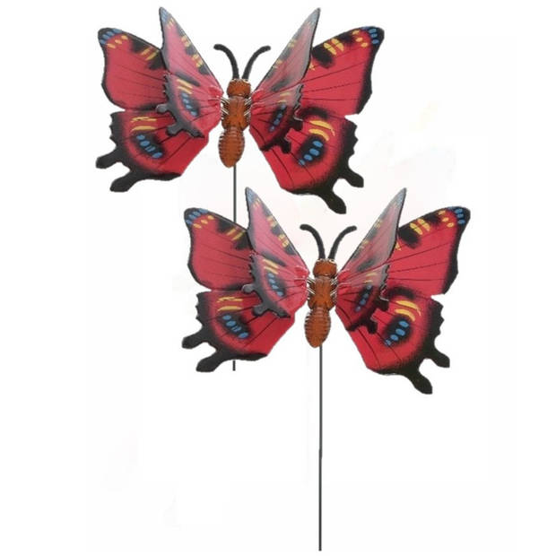 Set van 2x stuks metalen vlinder rood 11 x 70 cm op steker - Tuinbeelden