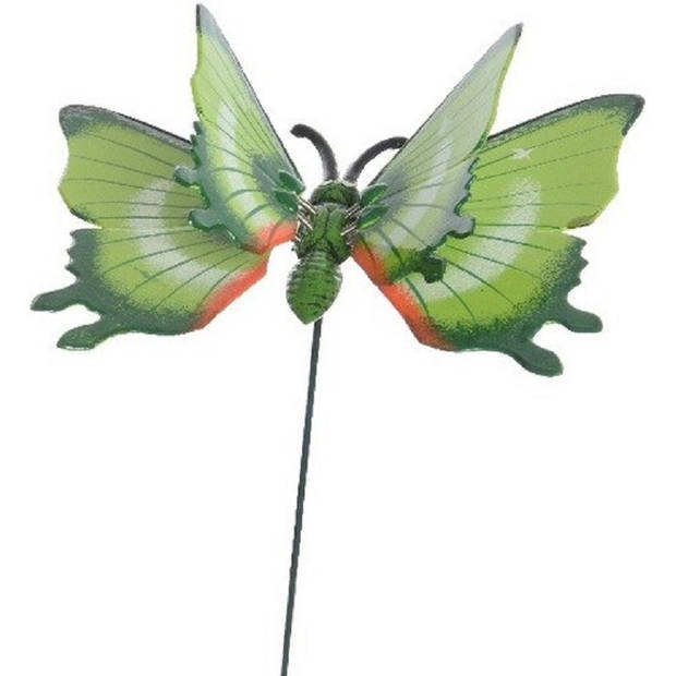 Set van 2x stuks metalen vlinder groen 11 x 70 cm op steker - Tuinbeelden