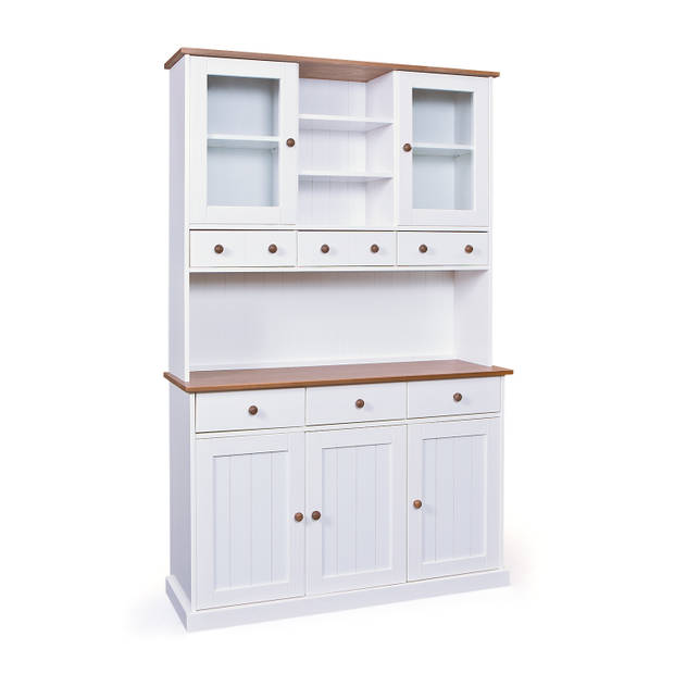 Wright dressoir 3 deuren, 2 glazen deuren, 3 lades, 3 open ruimtes wit, bruin.