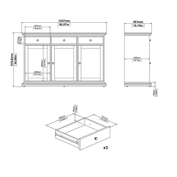 Venedig dressoir 3 deuren en 3 laden mat grijs.