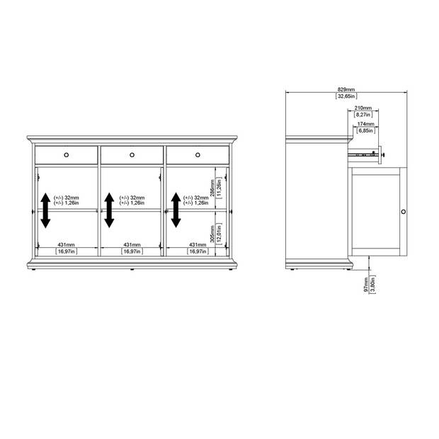 Venedig dressoir 3 deuren en 3 laden mat grijs.