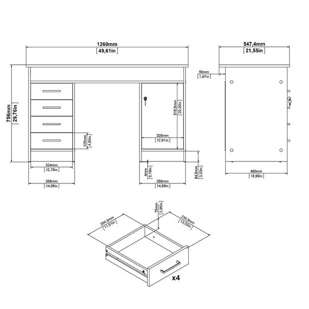 Plus bureau met 1 legplank, 4 laden en 1 deur met slot, wit/betondecor.