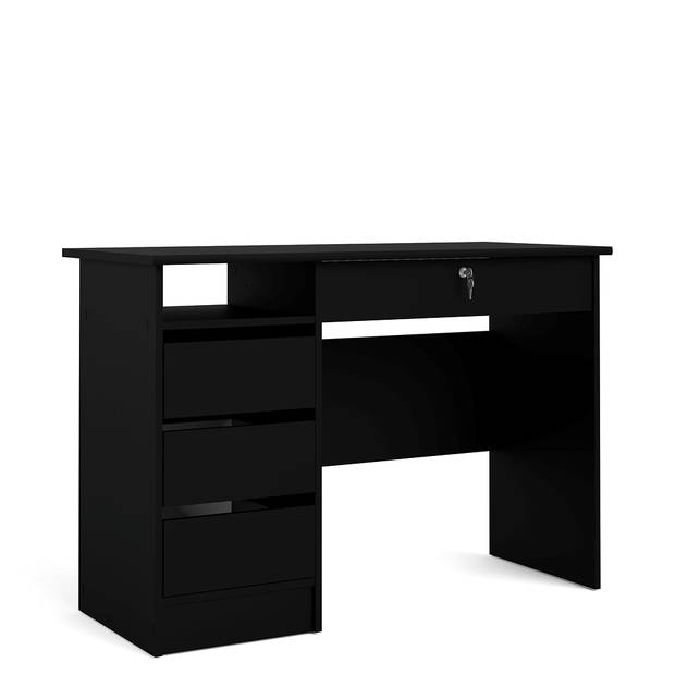 Plus bureau met 1 legplank, 3 kleine laden en 1 grote lade met sleutel, mat zwart.