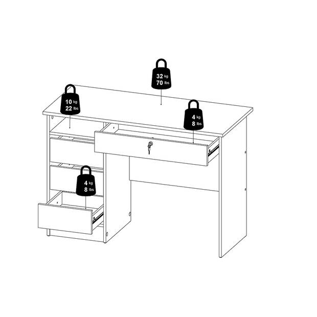 Plus bureau met 1 legplank, 3 kleine laden en 1 grote lade met sleutel, mat zwart.