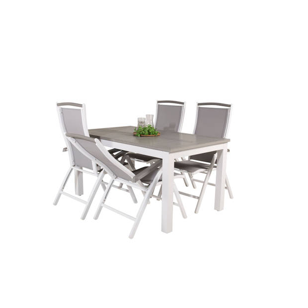 Albany tuinmeubelset tafel 90x160/240cm en 4 stoel 5pos Albany wit, grijs.