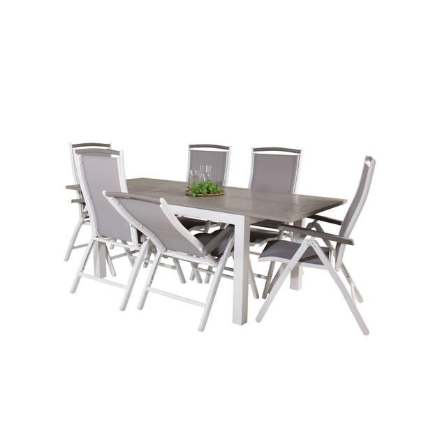 Albany tuinmeubelset tafel 90x160/240cm en 6 stoel 5pos Albany wit, grijs.