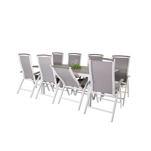 Albany tuinmeubelset tafel 90x160/240cm en 8 stoel 5pos Albany wit, grijs.