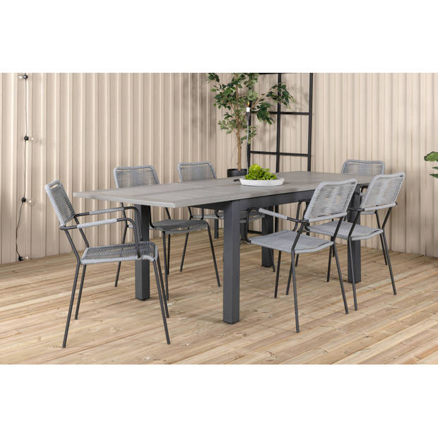 Albany tuinmeubelset tafel 100x160/240cm en 6 stoel G armleuning Lindos zwart, grijs.