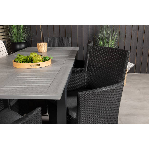 Albany tuinmeubelset tafel 100x160/240cm en 6 stoel Malin zwart, grijs.