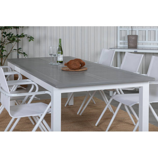 Albany tuinmeubelset tafel 100x224/324cm en 6 stoel Alina wit, grijs.