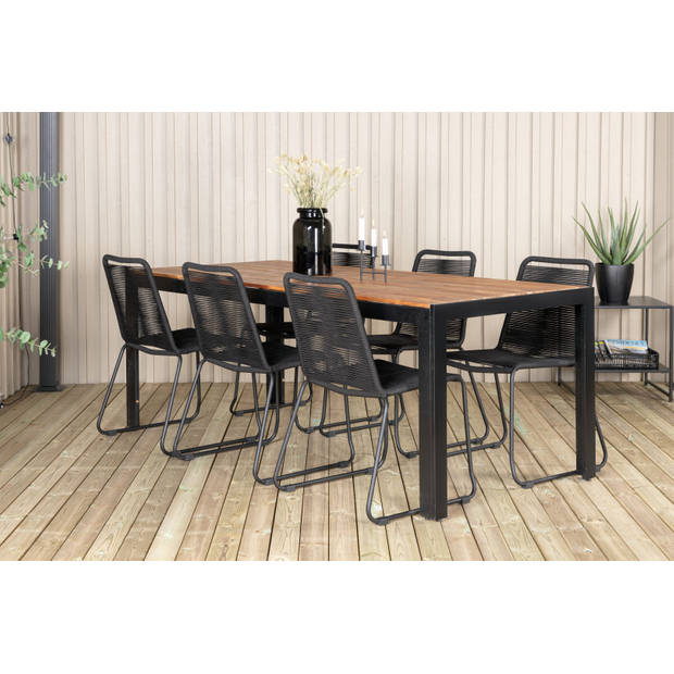 Bois tuinmeubelset tafel 90x205cm en 6 stoel stapelS Lindos zwart, naturel.