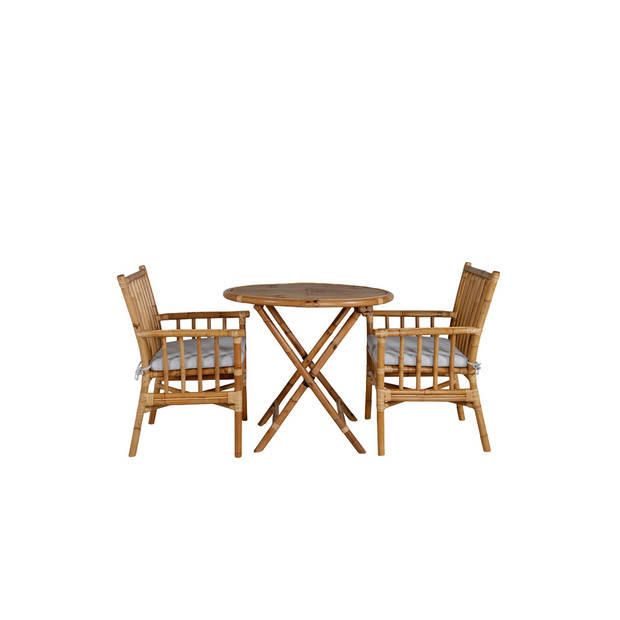 Cane tuinmeubelset tafel Ø80cm en 2 stoel Cane lichtgrijs, naturel.