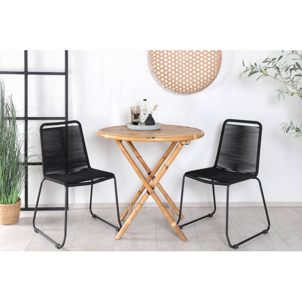 Cane tuinmeubelset tafel Ø80cm en 2 stoel S Lindos zwart, naturel.