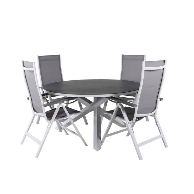 Copacabana tuinmeubelset tafel Ø140cm en 4 stoel Albany wit, grijs, crèmekleur.