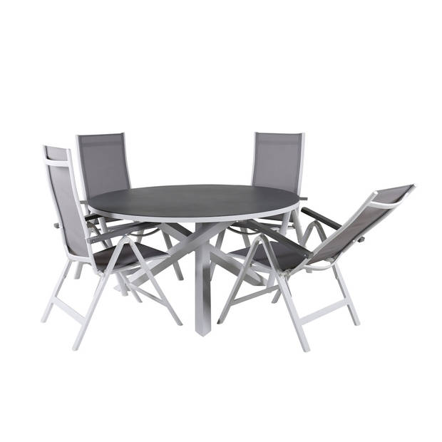 Copacabana tuinmeubelset tafel Ø140cm en 4 stoel Albany wit, grijs, crèmekleur.
