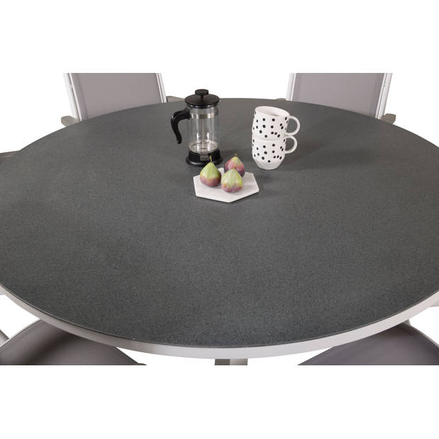 Copacabana tuinmeubelset tafel Ø140cm en 6 stoel 5pos Albany wit, grijs, crèmekleur.