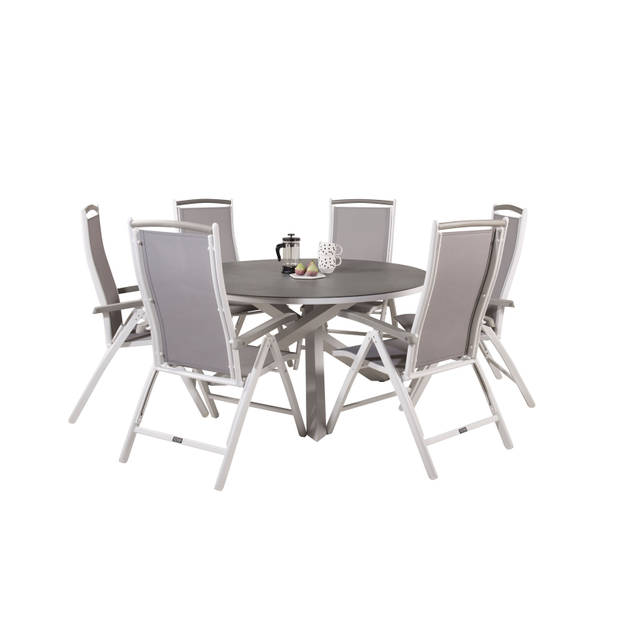 Copacabana tuinmeubelset tafel Ø140cm en 6 stoel 5pos Albany wit, grijs, crèmekleur.