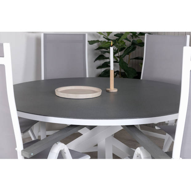 Copacabana tuinmeubelset tafel Ø140cm en 6 stoel L5pos Albany wit, grijs, crèmekleur.