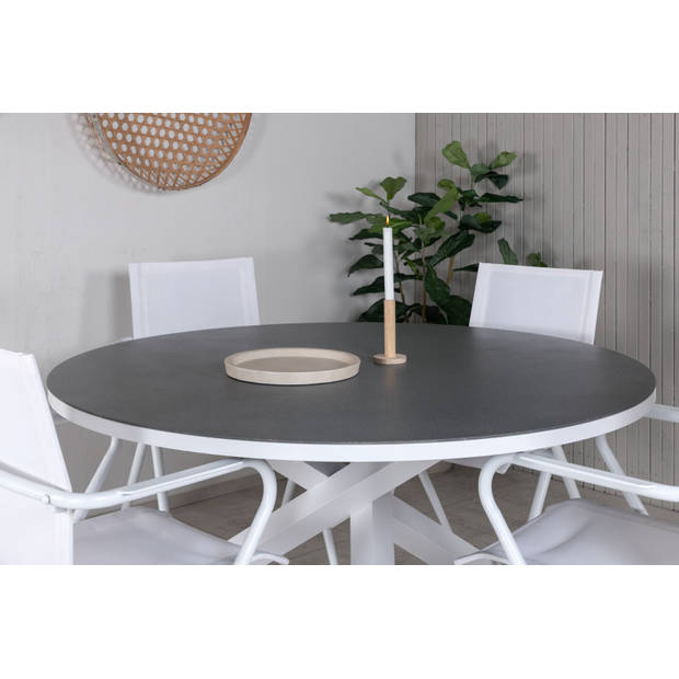 Copacabana tuinmeubelset tafel Ø140cm en 4 stoel Alina wit, grijs, crèmekleur.