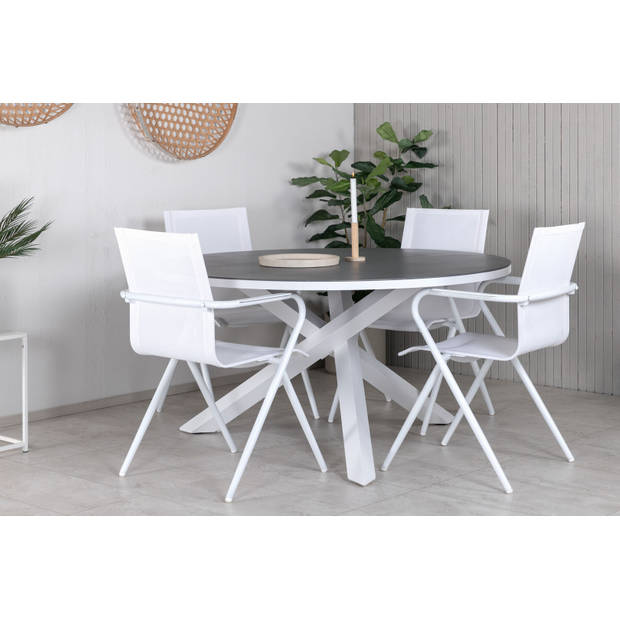 Copacabana tuinmeubelset tafel Ø140cm en 4 stoel Alina wit, grijs, crèmekleur.