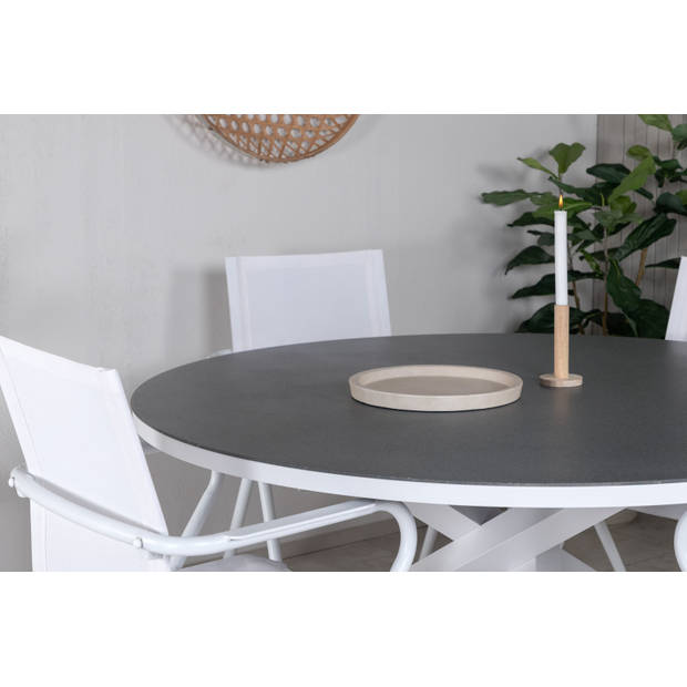 Copacabana tuinmeubelset tafel Ø140cm en 4 stoel Alina wit, grijs, crèmekleur.