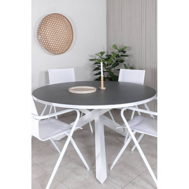 Copacabana tuinmeubelset tafel Ø140cm en 4 stoel Alina wit, grijs, crèmekleur.