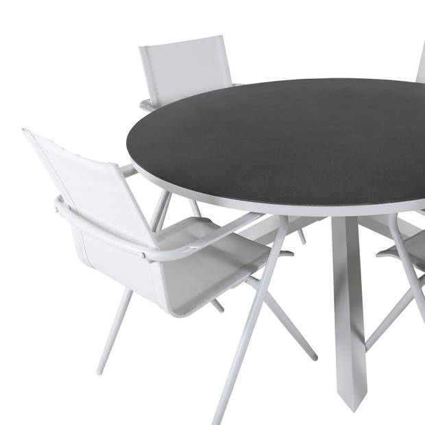 Copacabana tuinmeubelset tafel Ø140cm en 4 stoel Alina wit, grijs, crèmekleur.