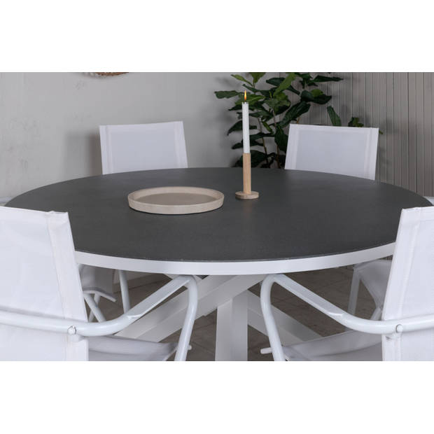 Copacabana tuinmeubelset tafel Ø140cm en 6 stoel Alina wit, grijs, crèmekleur.