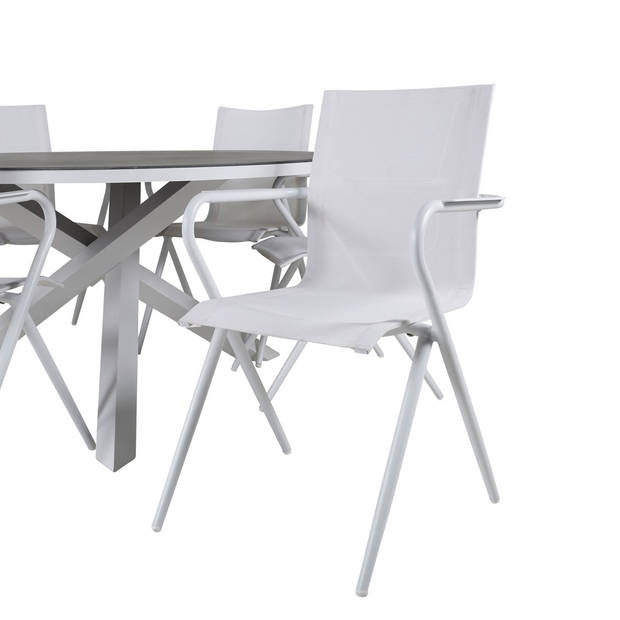 Copacabana tuinmeubelset tafel Ø140cm en 6 stoel Alina wit, grijs, crèmekleur.