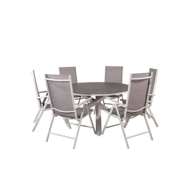 Copacabana tuinmeubelset tafel Ø140cm en 6 stoel Break wit, grijs, crèmekleur.