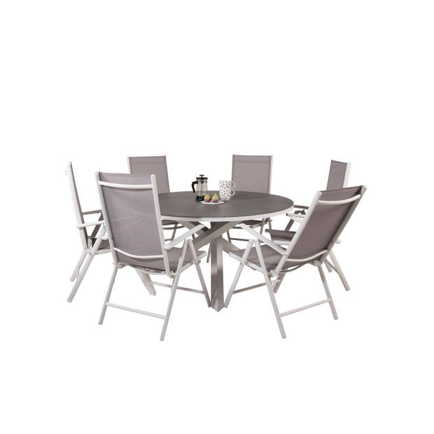 Copacabana tuinmeubelset tafel Ø140cm en 6 stoel Break wit, grijs, crèmekleur.