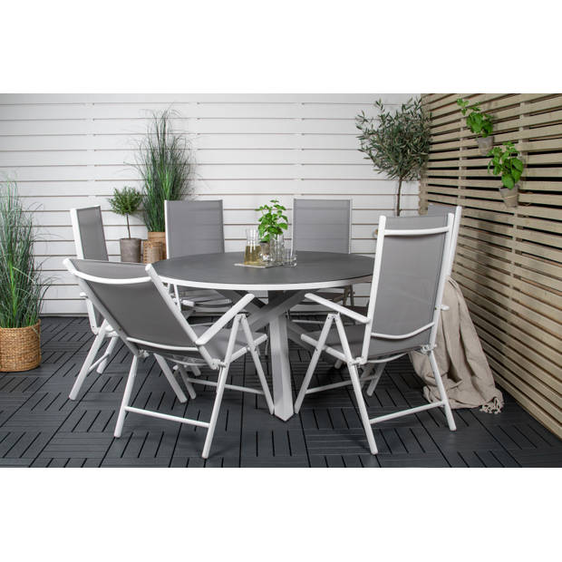 Copacabana tuinmeubelset tafel Ø140cm en 6 stoel Break wit, grijs, crèmekleur.