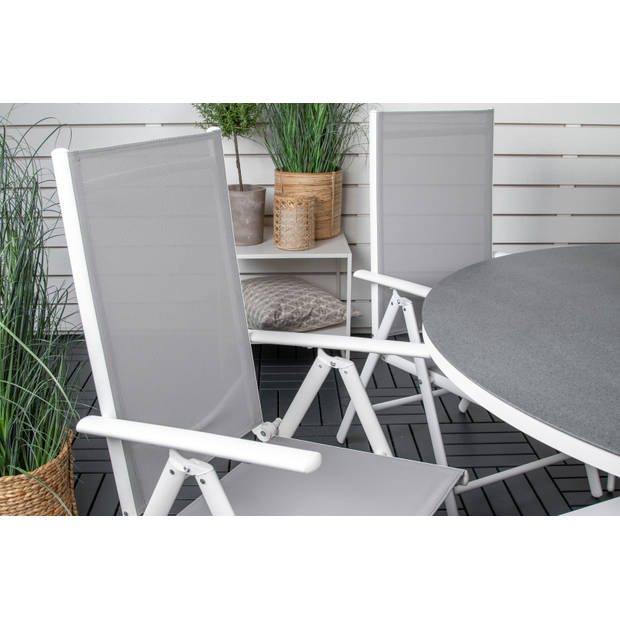 Copacabana tuinmeubelset tafel Ø140cm en 6 stoel Break wit, grijs, crèmekleur.