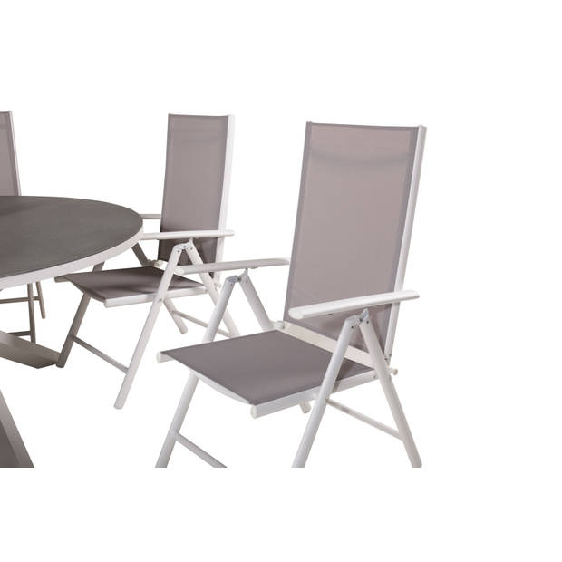 Copacabana tuinmeubelset tafel Ø140cm en 6 stoel Break wit, grijs, crèmekleur.