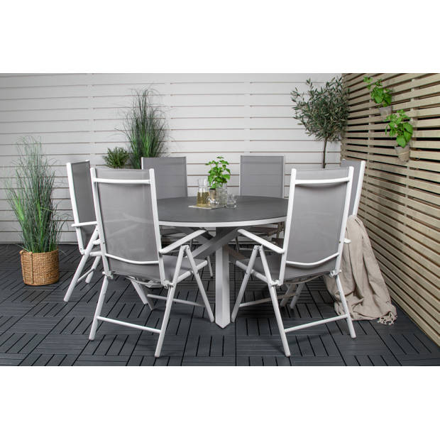 Copacabana tuinmeubelset tafel Ø140cm en 6 stoel Break wit, grijs, crèmekleur.